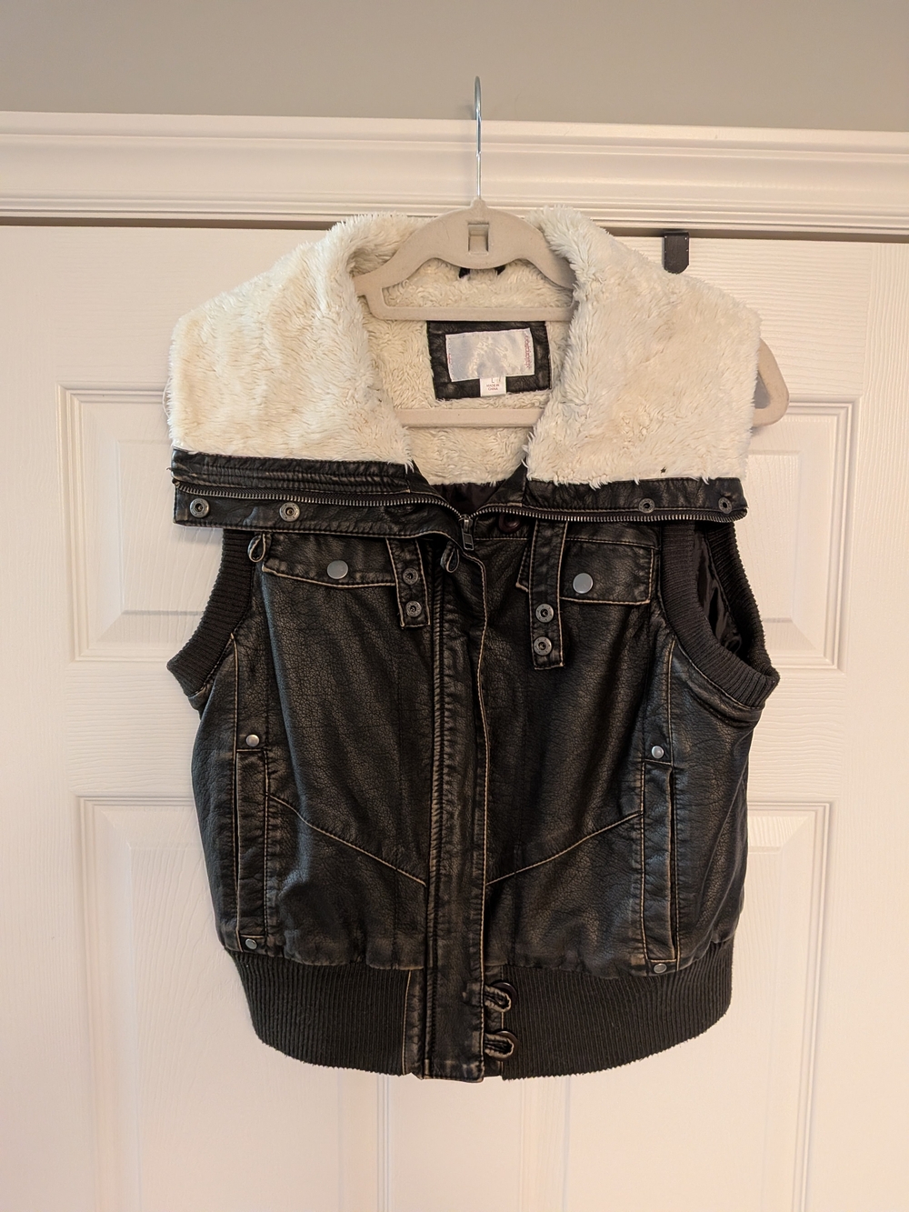 Faux Leather Dark Brown Vest with Cream Sherpa Hood
